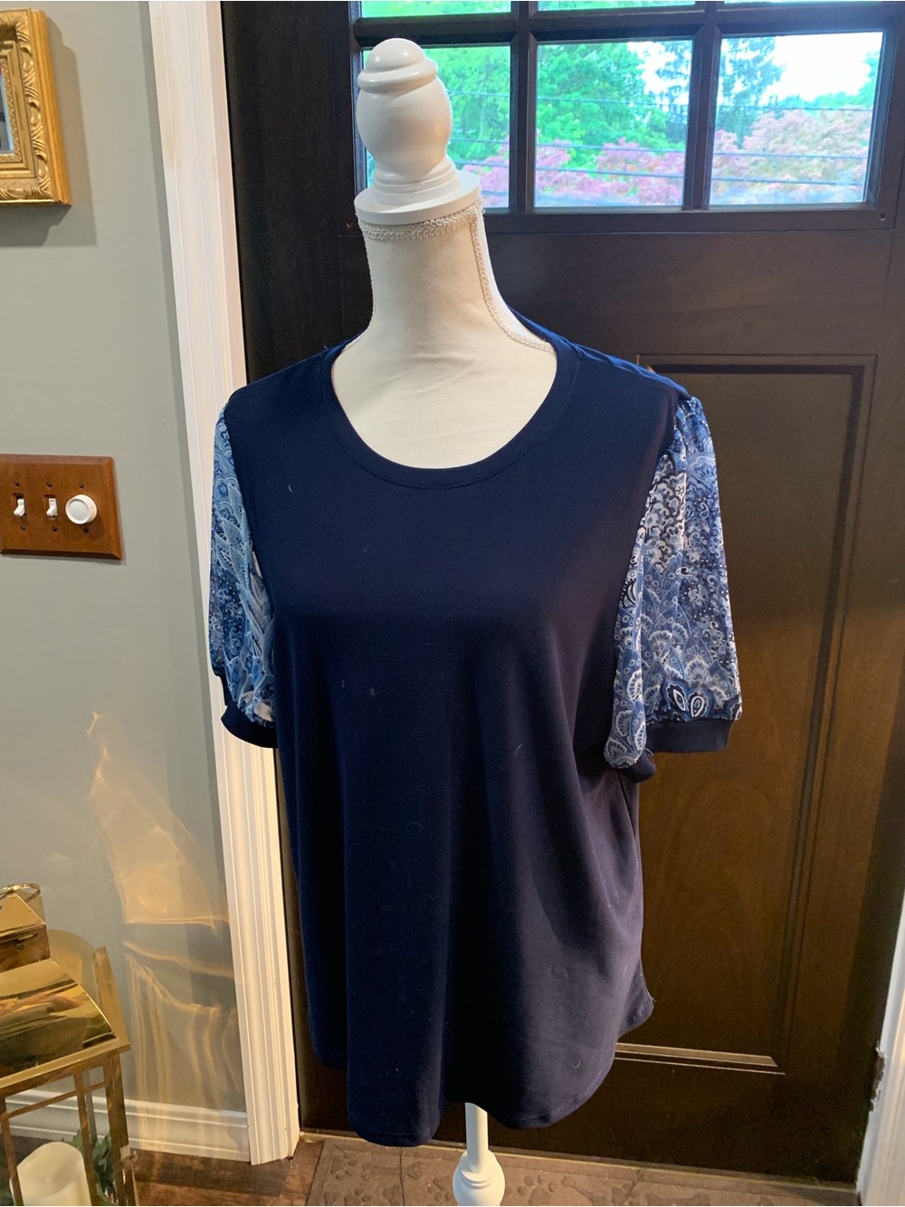CeCe Navy Knit Top with Blue Paisley Puff Sleeves